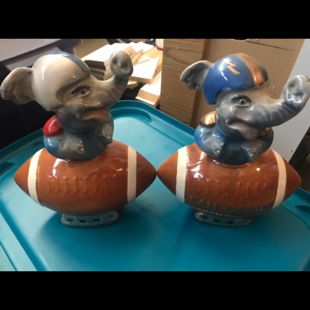 2 vintage Beam Decanters 1 is San Diego Chargers 1972 both are from 1970s
